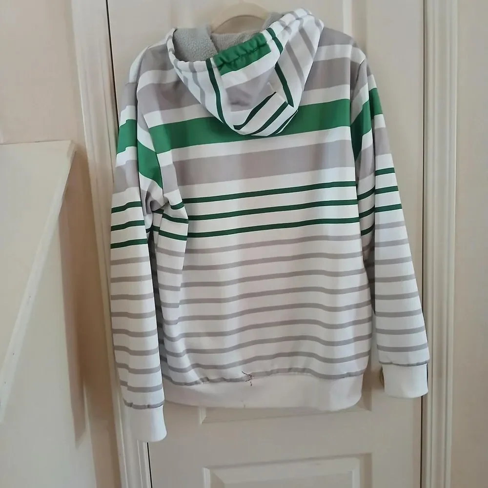 Y2K Vintage DC Shoes Full Zip Sherpa Lined White/Green/Gray Striped Hoodie M